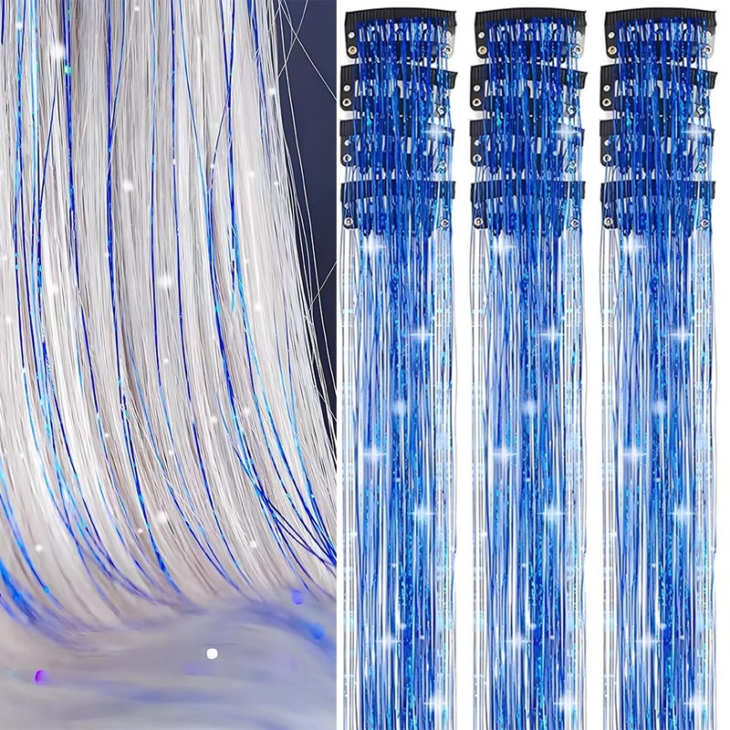 EROADE Hair Tinsel 12 Pcs Clip in Hair Tinsel Kit for Girls 22 Inch Glitter Fairy Tinsel Hair Extensions Colorful Heat Resistant Party Festival Accessories for Women Kids (Sapphire Blue) - Image 1
